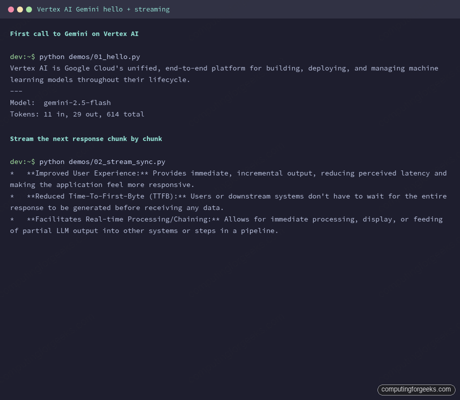 Run a hello world prompt then stream the next response chunk by chunk