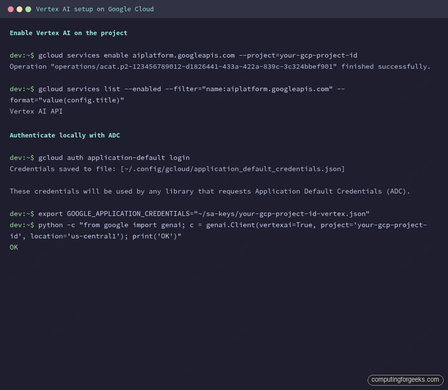 Enable Vertex AI API, authenticate with gcloud, and verify Python client init