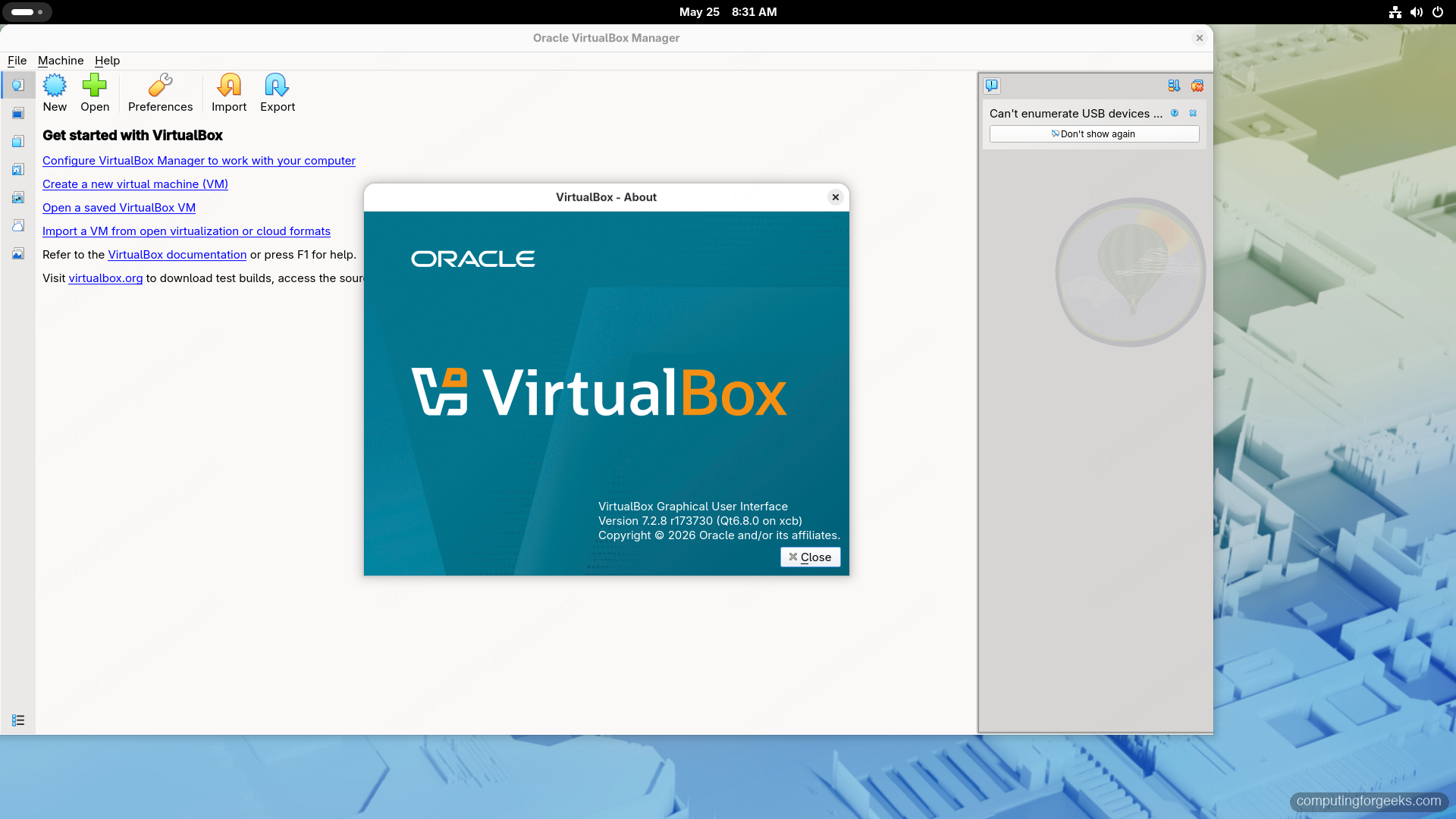 VirtualBox About dialog showing version 7.2.8 r173730 running on Fedora 44