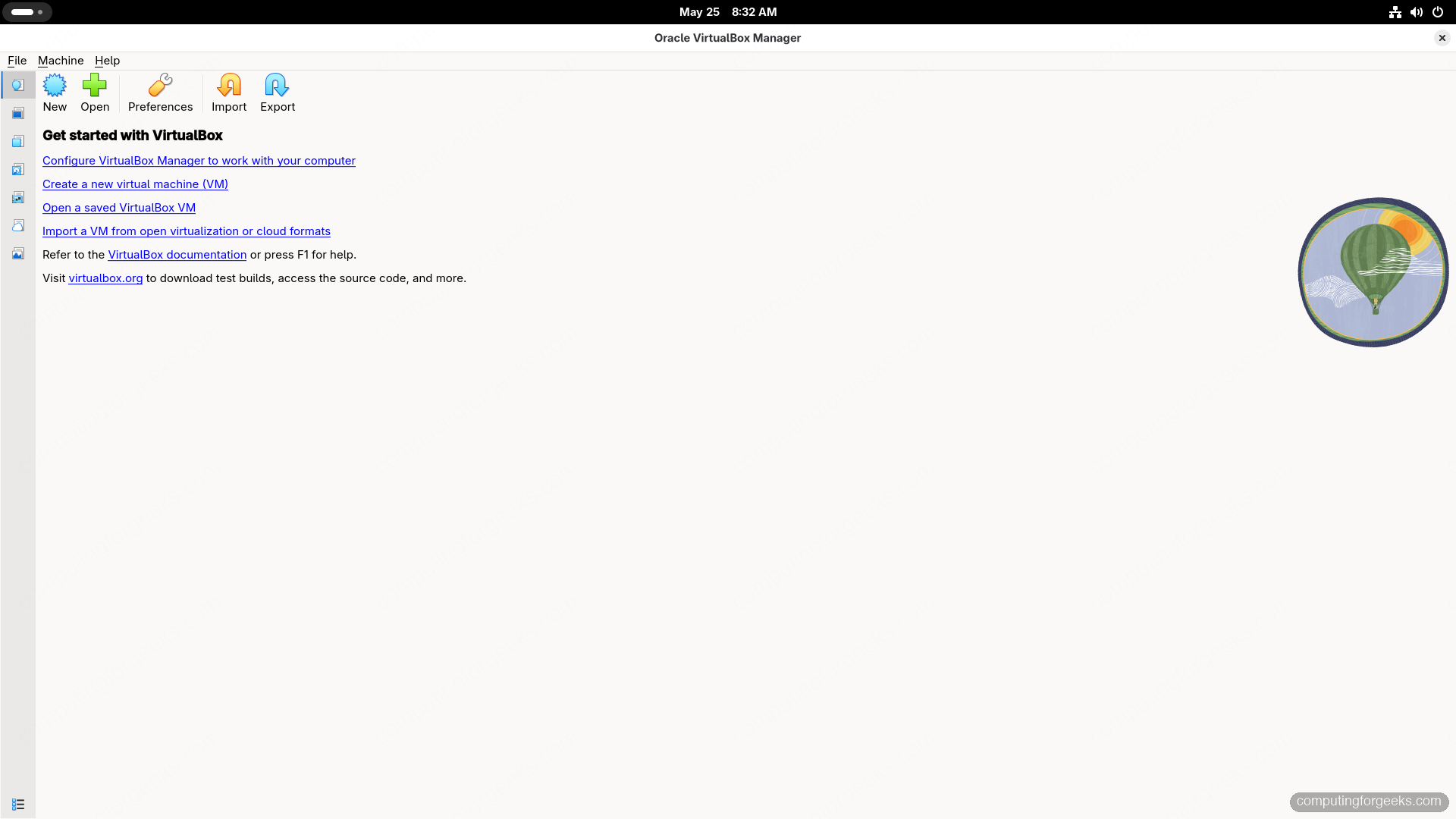Oracle VirtualBox 7.2 Manager Welcome panel running on Fedora 44 GNOME desktop