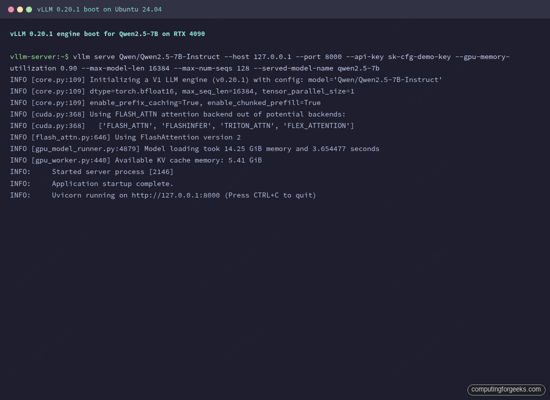 vllm serve startup logs showing FlashAttention 2 backend, model loading 14.25 GiB in 3.65s, KV cache 5.41 GiB available