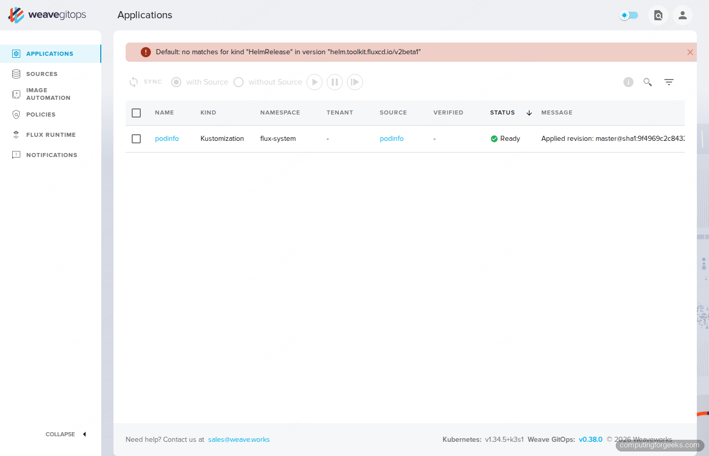 Weave GitOps applications dashboard showing podinfo Kustomization Ready and a deprecated HelmRelease v2beta1 API error banner on modern Flux