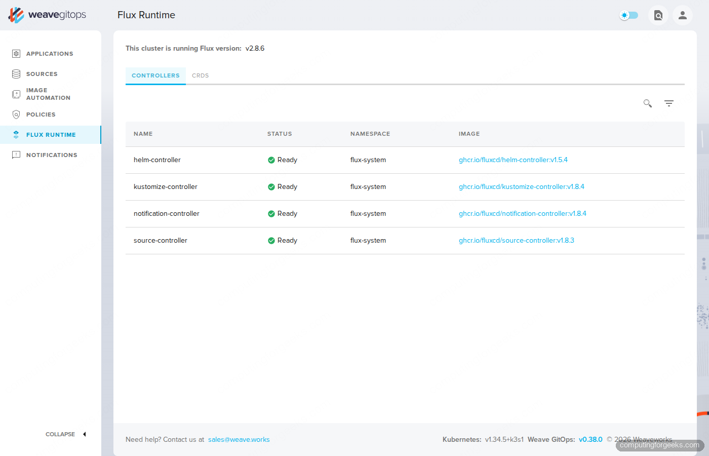 Weave GitOps Flux Runtime tab listing helm-controller, kustomize-controller, notification-controller, and source-controller all Ready