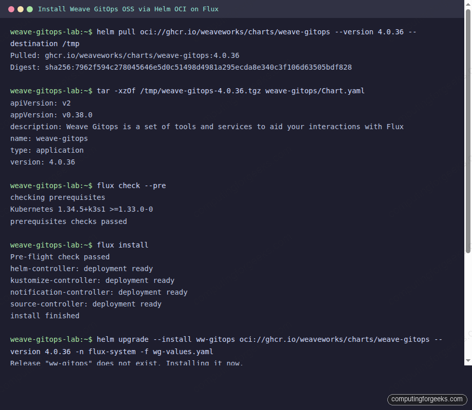 Terminal screenshot of helm pull, flux check, flux install, and helm upgrade installing Weave GitOps via OCI from GHCR