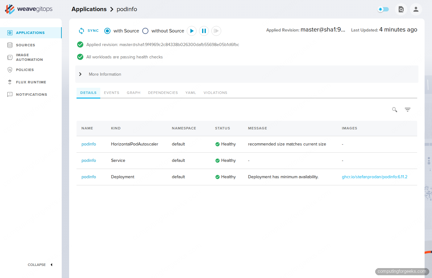 Weave GitOps Kustomization detail page for podinfo showing HPA, Service, and Deployment all healthy