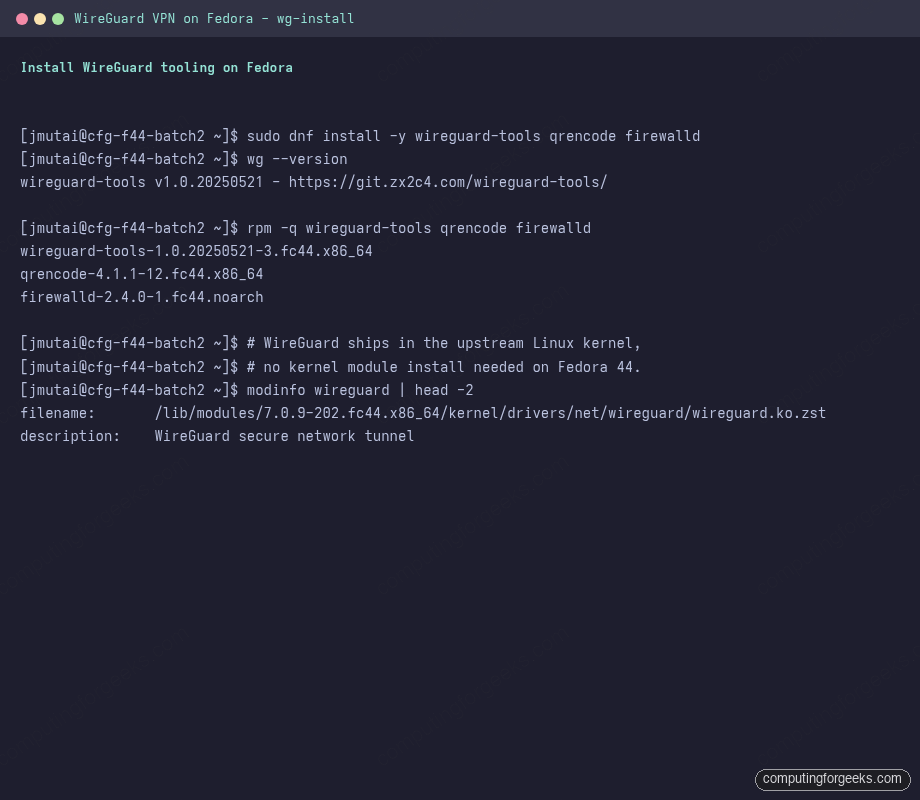 dnf install wireguard-tools qrencode firewalld kernel module on Fedora