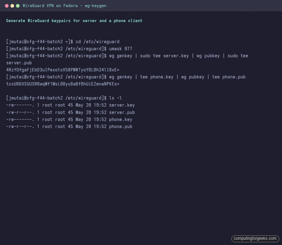 wg genkey wg pubkey generate WireGuard server and phone client keys on Fedora