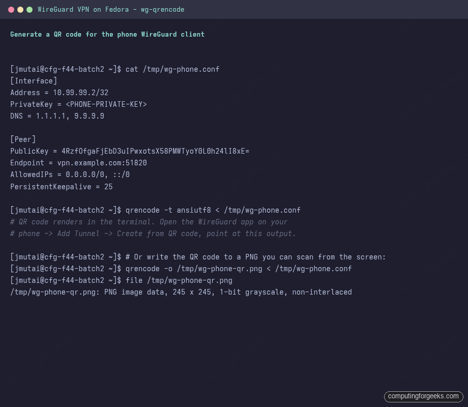 qrencode ansiutf8 WireGuard phone client config on Fedora
