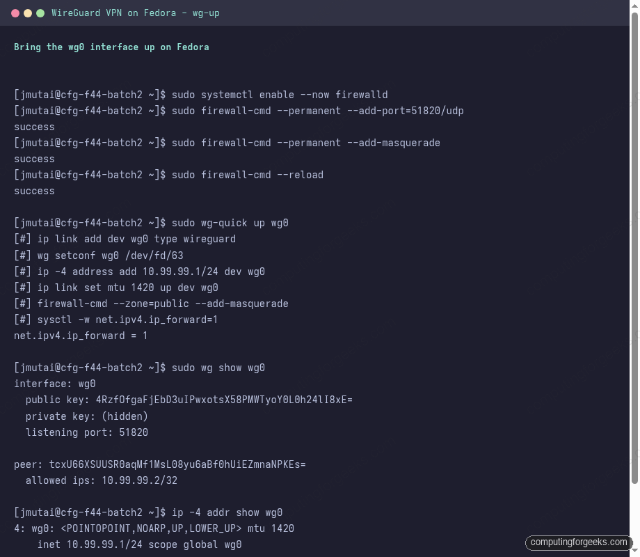 wg-quick up wg0 firewalld masquerade wg show on Fedora