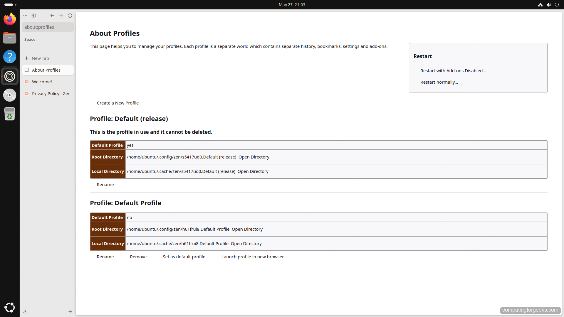 Zen Browser about:profiles page showing the default profile path under .config/zen on Ubuntu