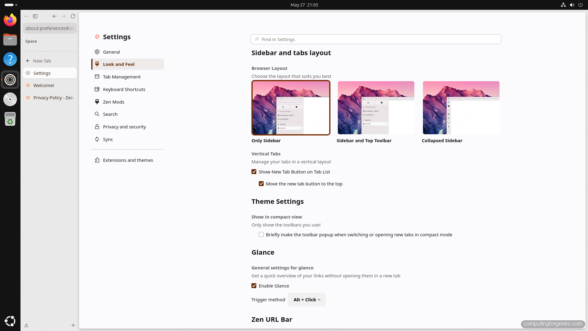 Zen Browser Look and Feel settings showing sidebar layout choices Only Sidebar Sidebar and Top Toolbar Collapsed Sidebar on Ubuntu