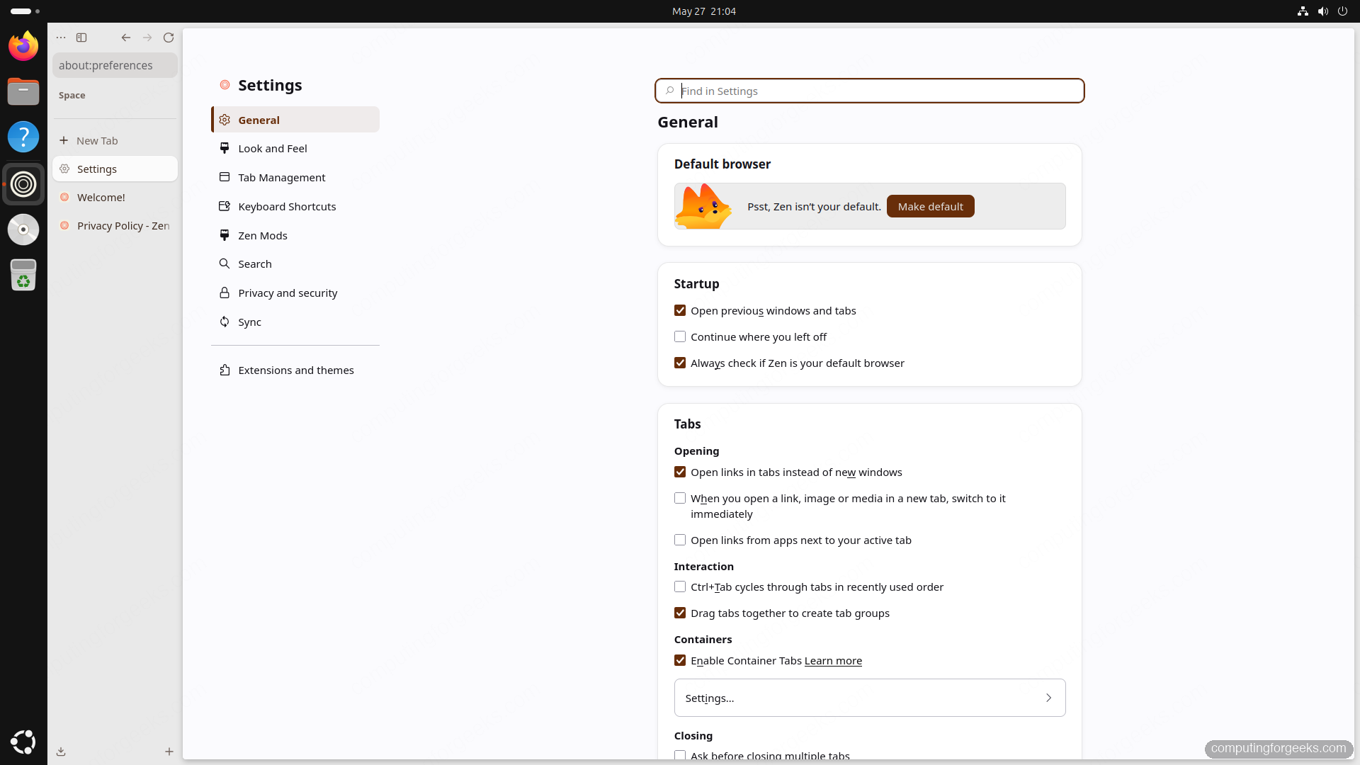 Zen Browser Settings page showing the General tab with default browser and startup options on Ubuntu
