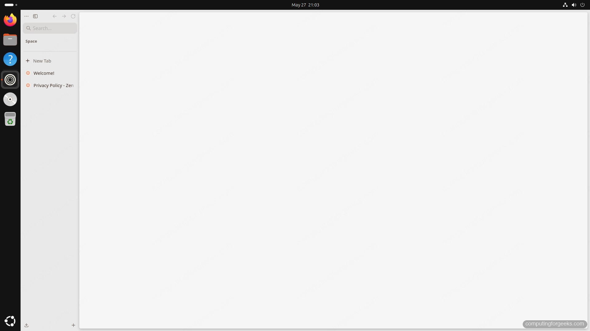 Zen Browser main UI showing the vertical sidebar with workspace tabs on Ubuntu