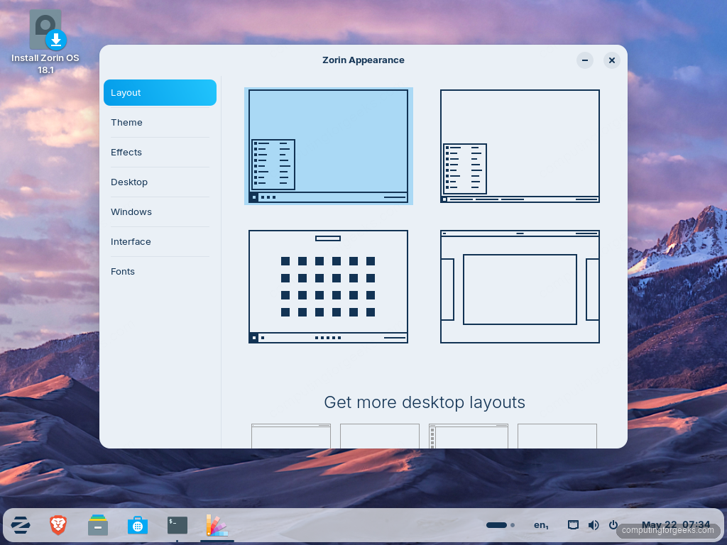 Zorin Appearance app showing desktop layout previews