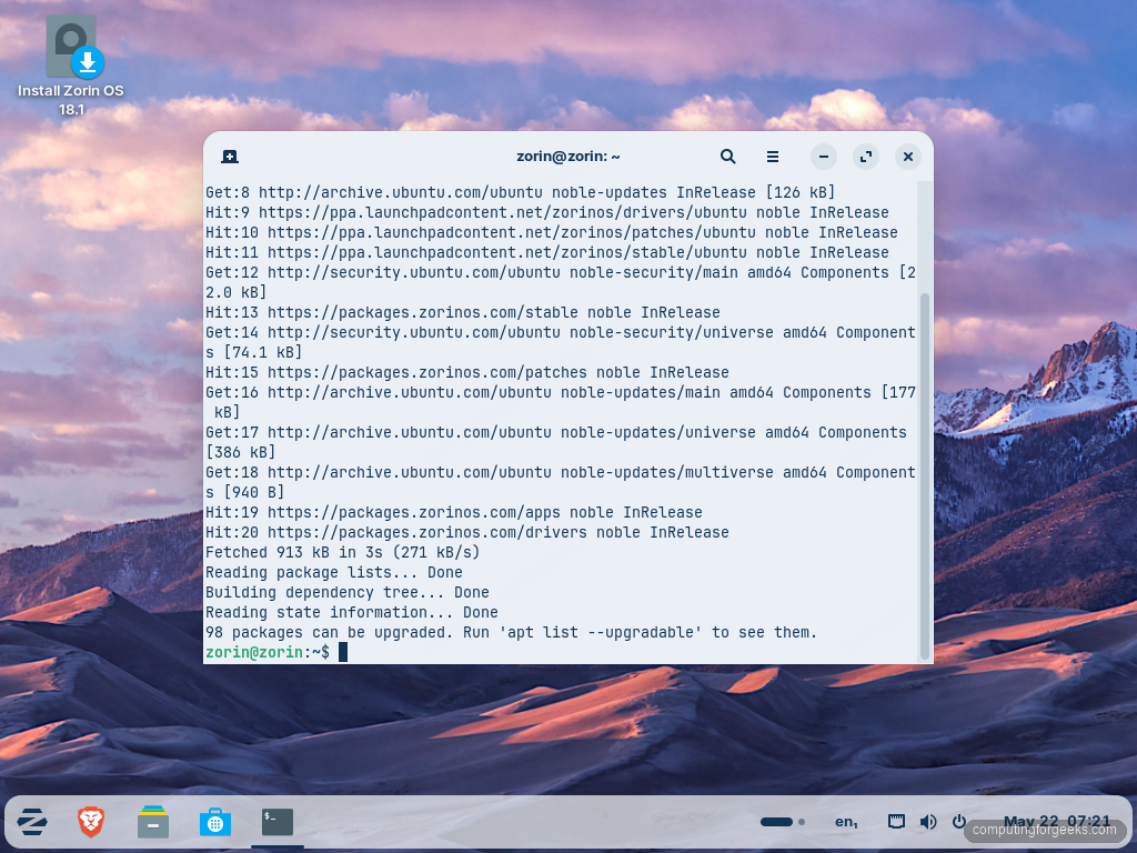 Zorin OS 18 terminal running sudo apt update against Ubuntu noble and Zorin repos