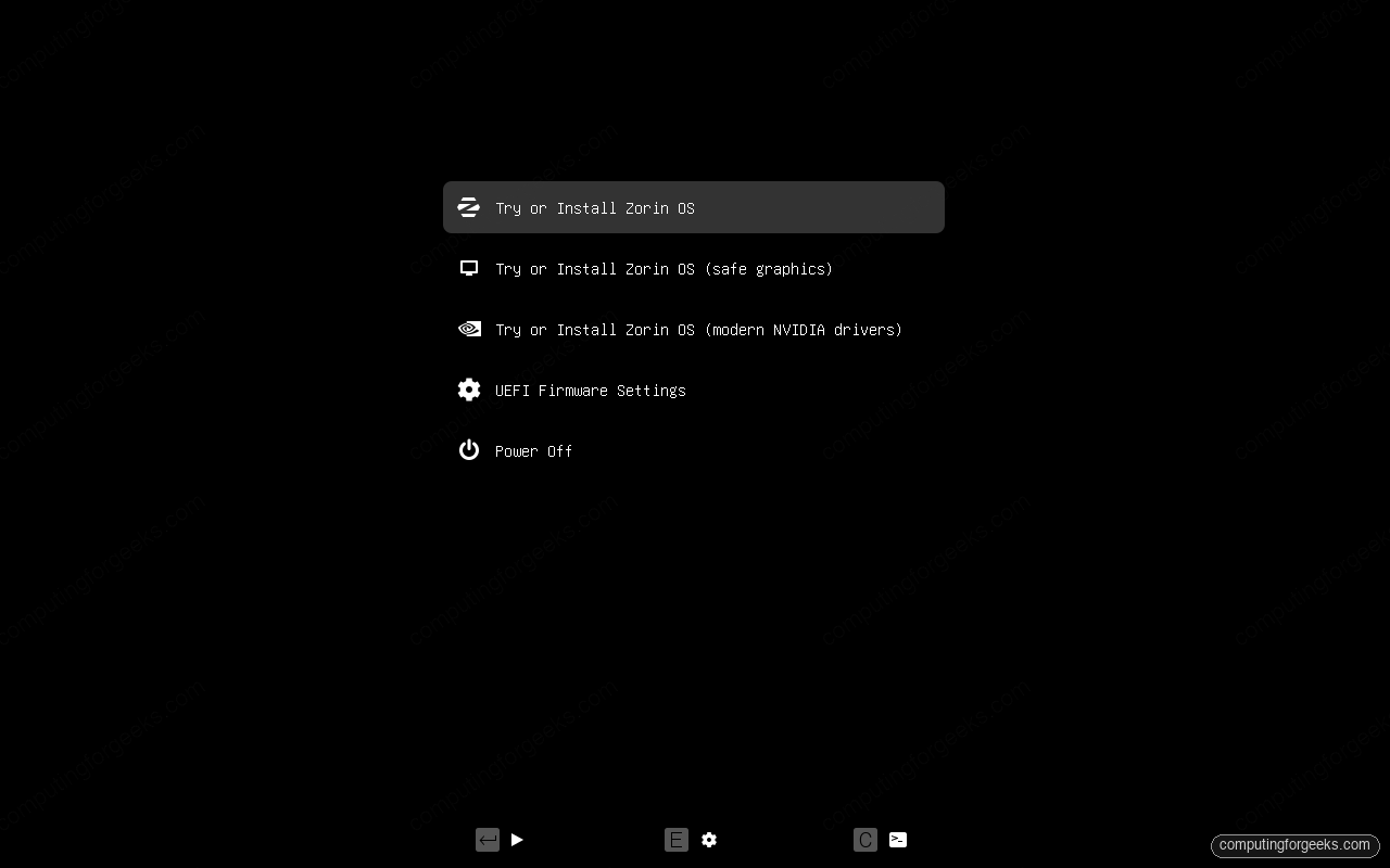 Zorin OS 18 GRUB boot menu showing Try or Install entries
