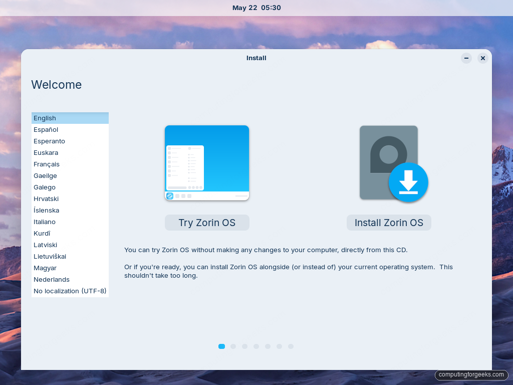 Zorin OS 18 installer welcome with language picker, Try Zorin OS and Install Zorin OS buttons