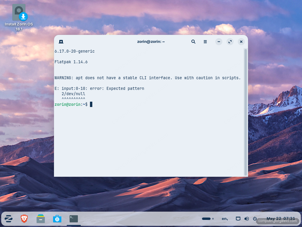 Zorin OS 18.1 terminal showing kernel 6.17 and Flatpak 1.14 versions