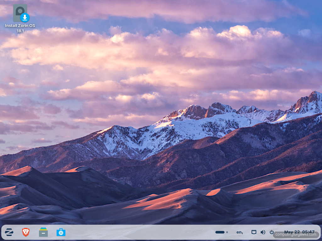Zorin OS 18 live desktop with Install Zorin OS icon and bottom panel