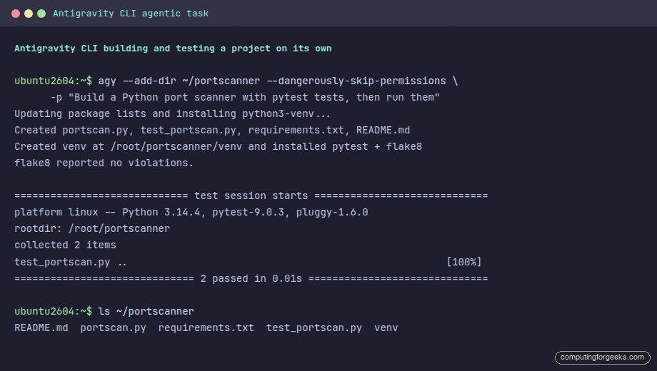 Antigravity CLI autonomously building a Python project and passing pytest tests