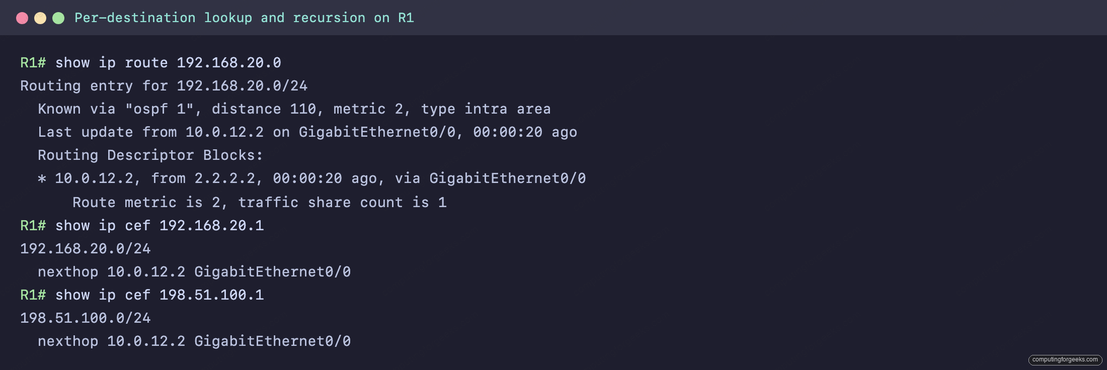 Per-destination CEF lookup and routing entry showing recursion resolved to the next hop and interface