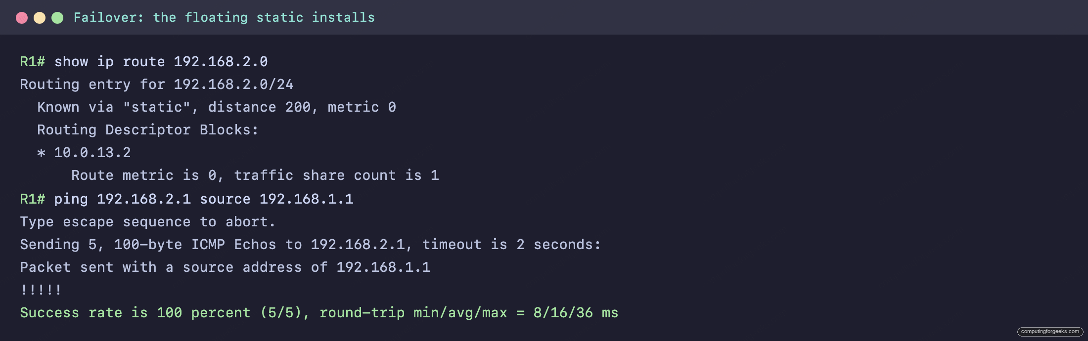 show ip route detail showing the floating static at distance 200 after failover, with a successful ping