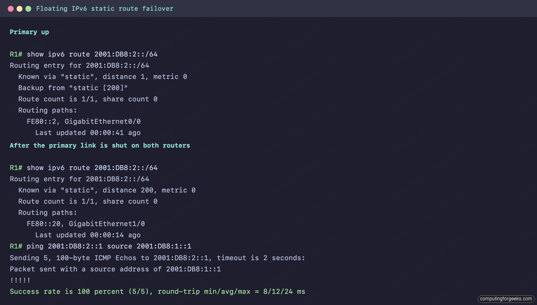 Configure IPv6 Static Routes on Cisco (Link-Local & Floating) 5 show ipv6 route detail before and after failover showing the floating static at distance 200, with a successful ping