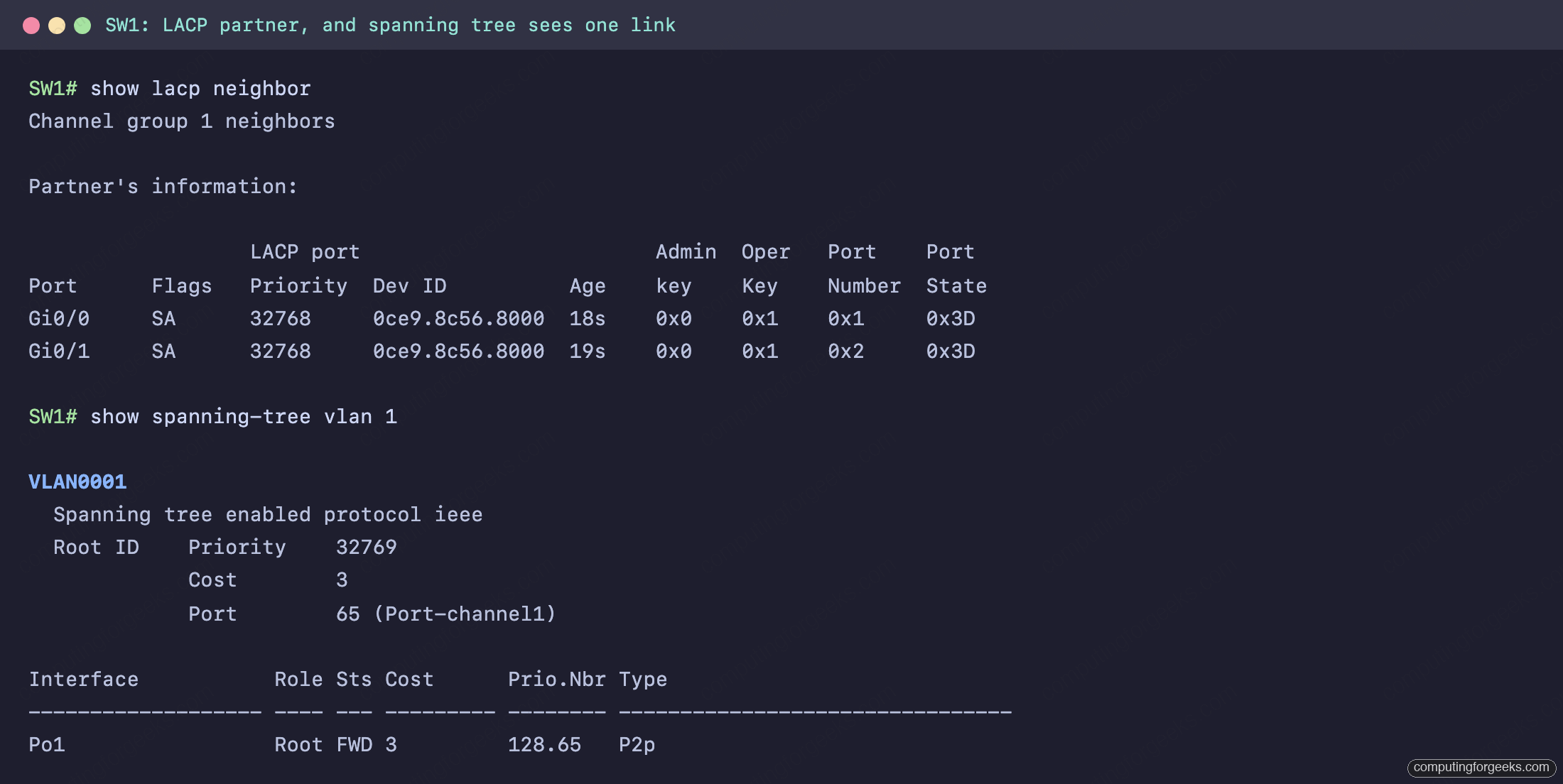 show lacp neighbor and show spanning-tree on SW1 with Port-channel1 as a single forwarding interface