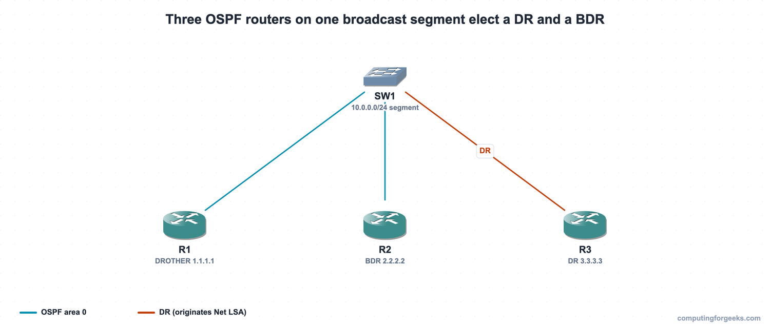 Three OSPF routers on a broadcast segment electing a DR and BDR in area 0