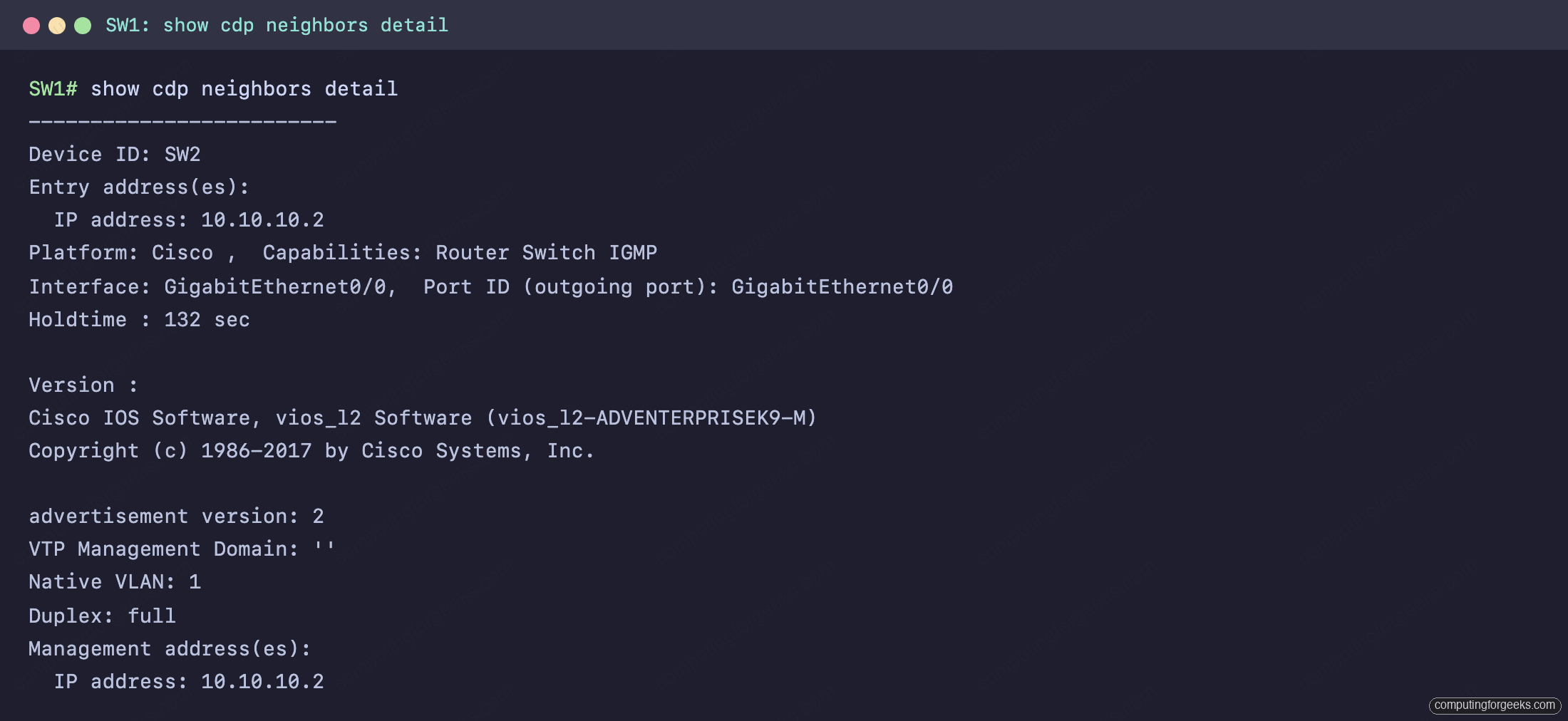 show cdp neighbors detail on SW1 showing SW2 IP 10.10.10.2, IOS version, and native VLAN 1