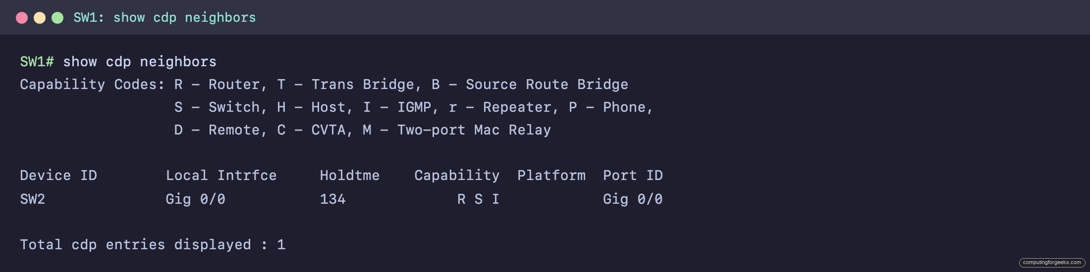 show cdp neighbors on SW1 listing SW2 on Gi0/0 with capability R S I