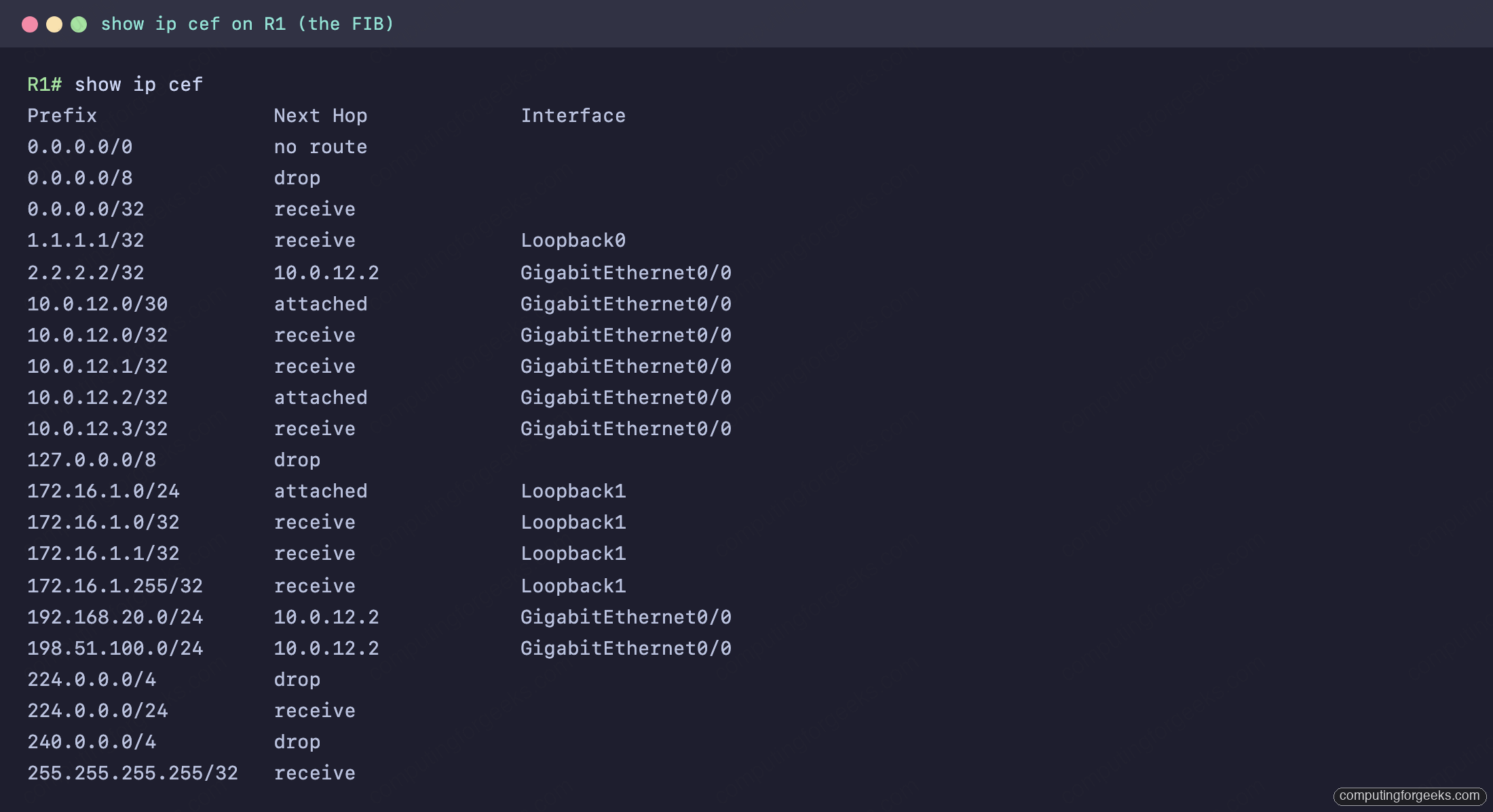 show ip cef output listing the FIB with receive, attached, next-hop and drop entries