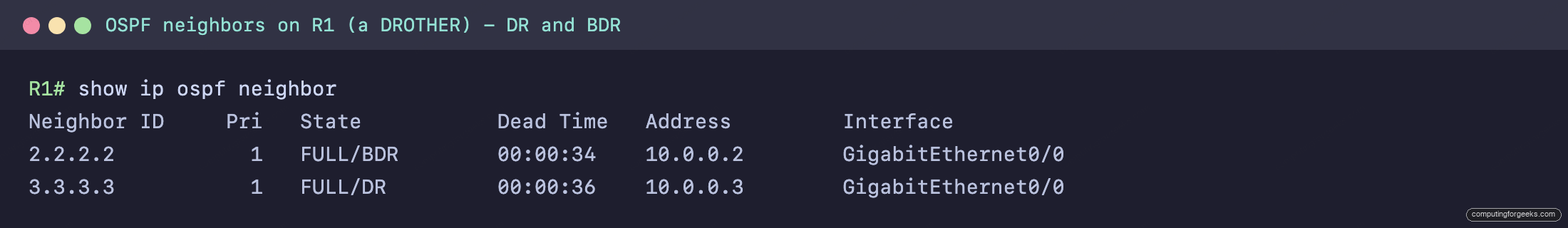 show ip ospf neighbor output with FULL/DR and FULL/BDR adjacencies from a DROTHER
