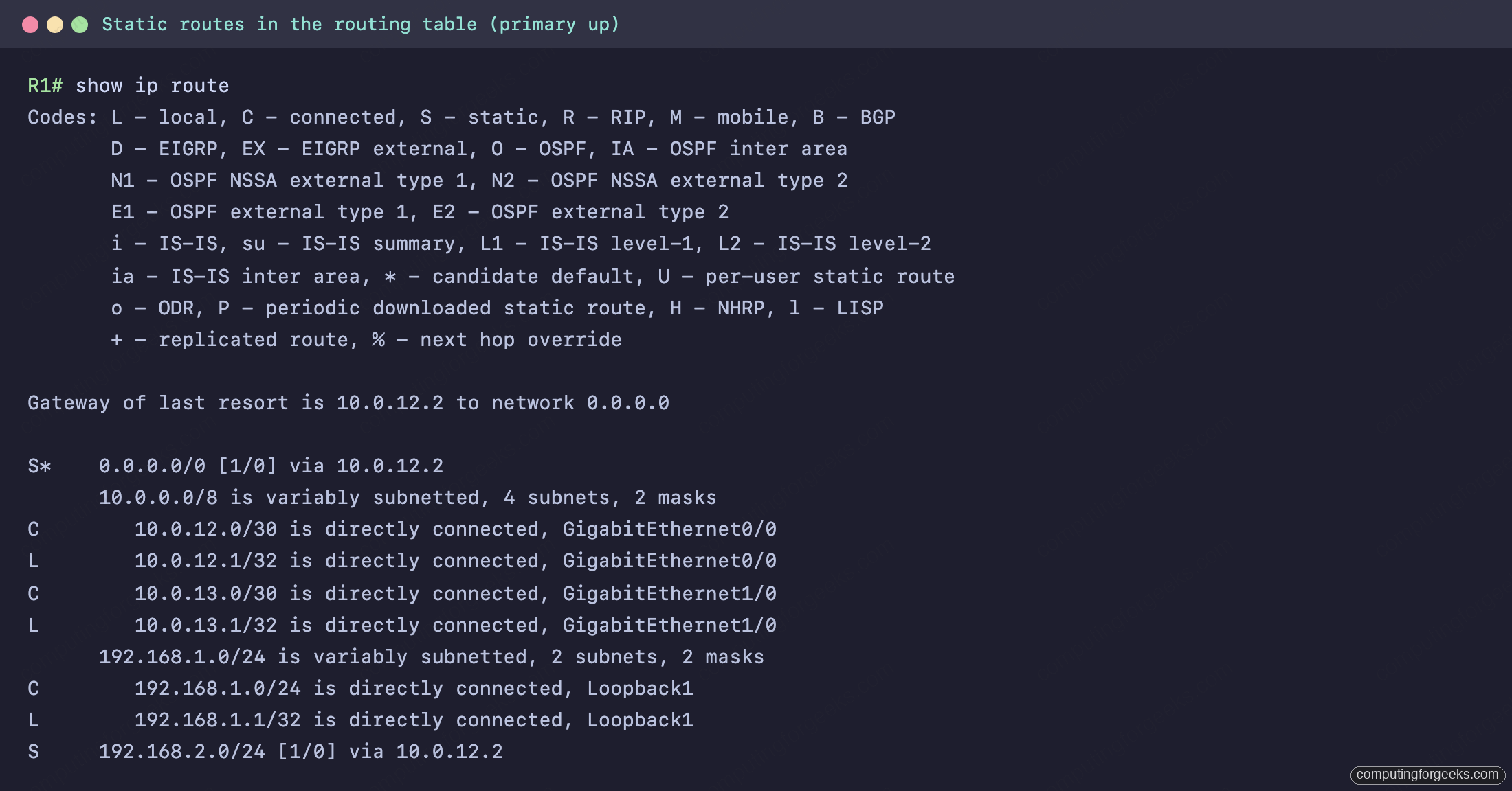show ip route output showing a static route, the S candidate default, and connected routes