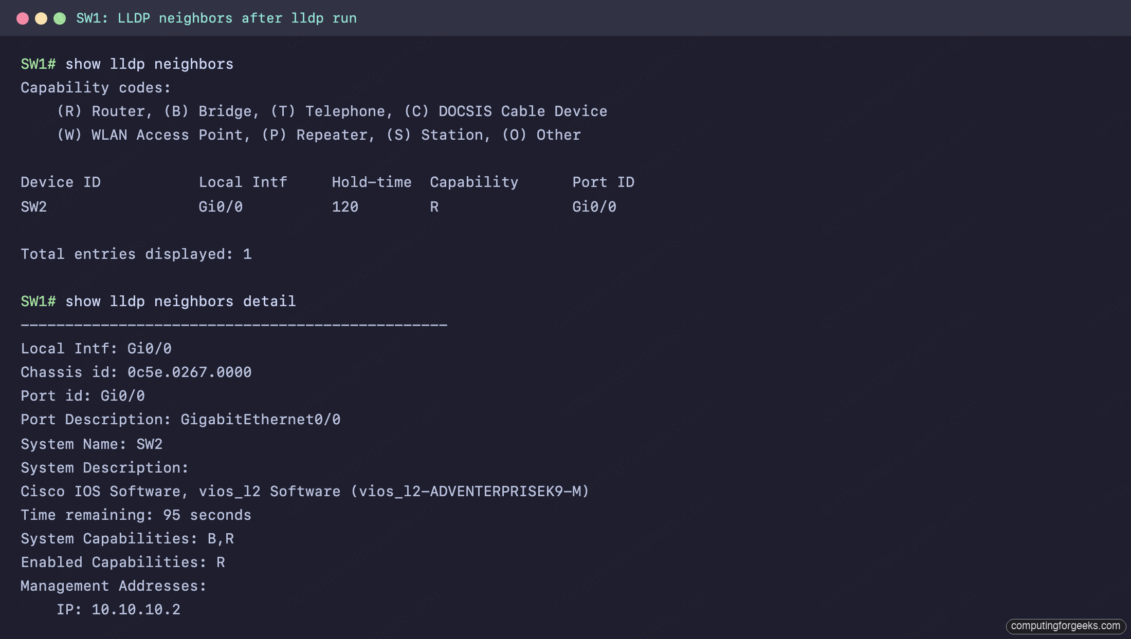 show lldp neighbors and detail on SW1 showing SW2 system name, capabilities, and management IP after lldp run