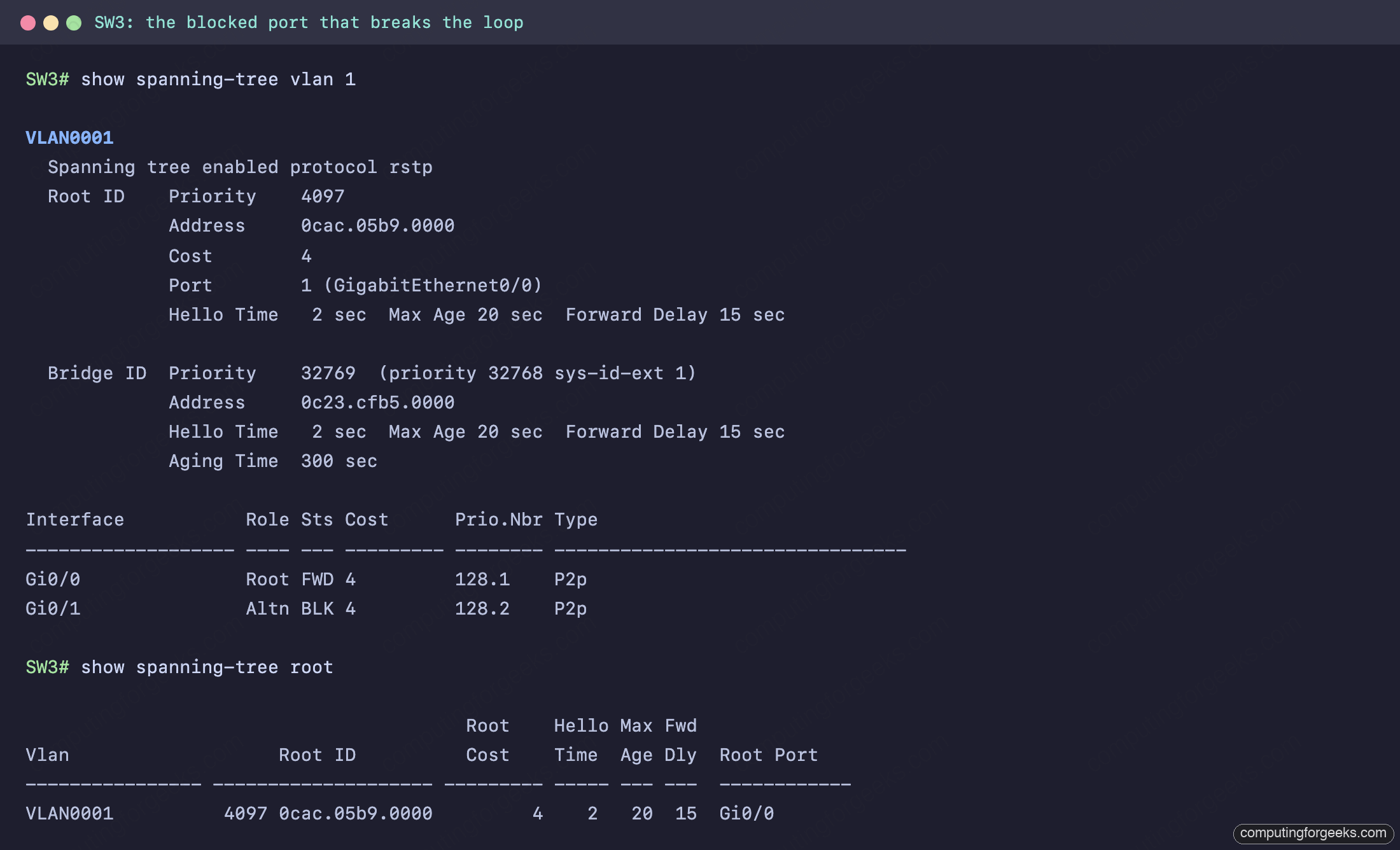Configure Spanning Tree Protocol (Rapid PVST+) on Cisco Switches 4 show spanning-tree vlan 1 on SW3 showing Gi0/0 root forwarding and Gi0/1 alternate blocking, root cost 4