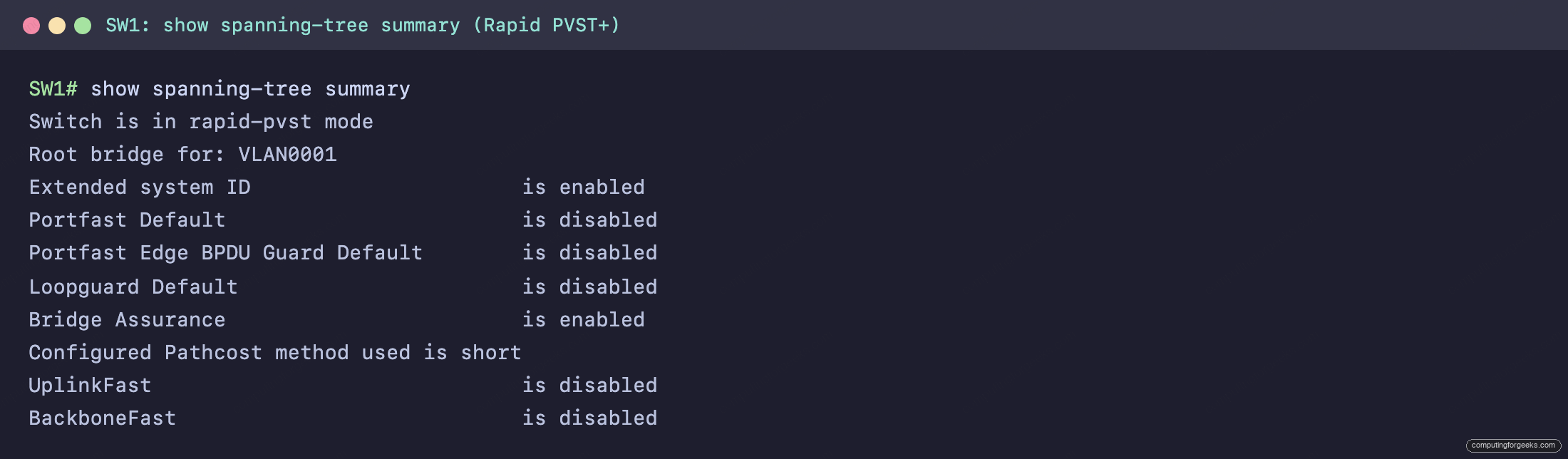 Configure Spanning Tree Protocol (Rapid PVST+) on Cisco Switches 5 show spanning-tree summary on SW1 confirming rapid-pvst mode and short pathcost method