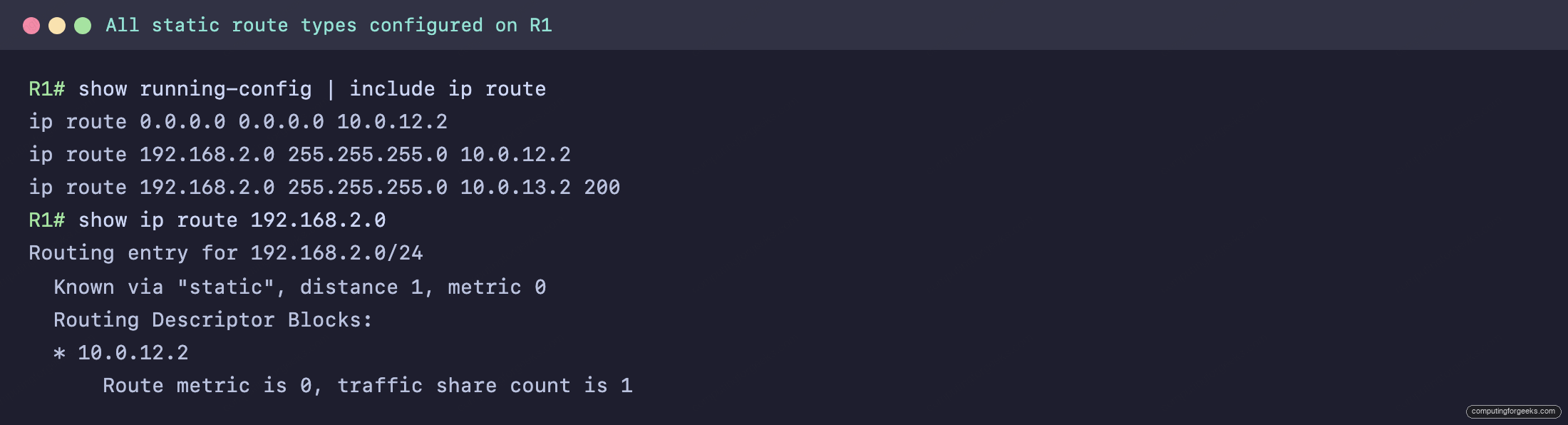 running-config static route lines including a floating static, with the primary route detail