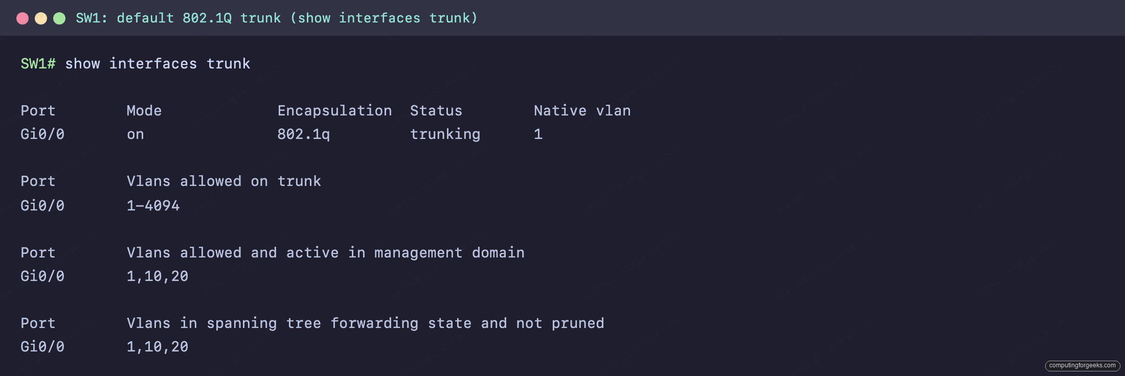 show interfaces trunk on SW1 showing a default trunk with native VLAN 1 and all VLANs 1-4094 allowed