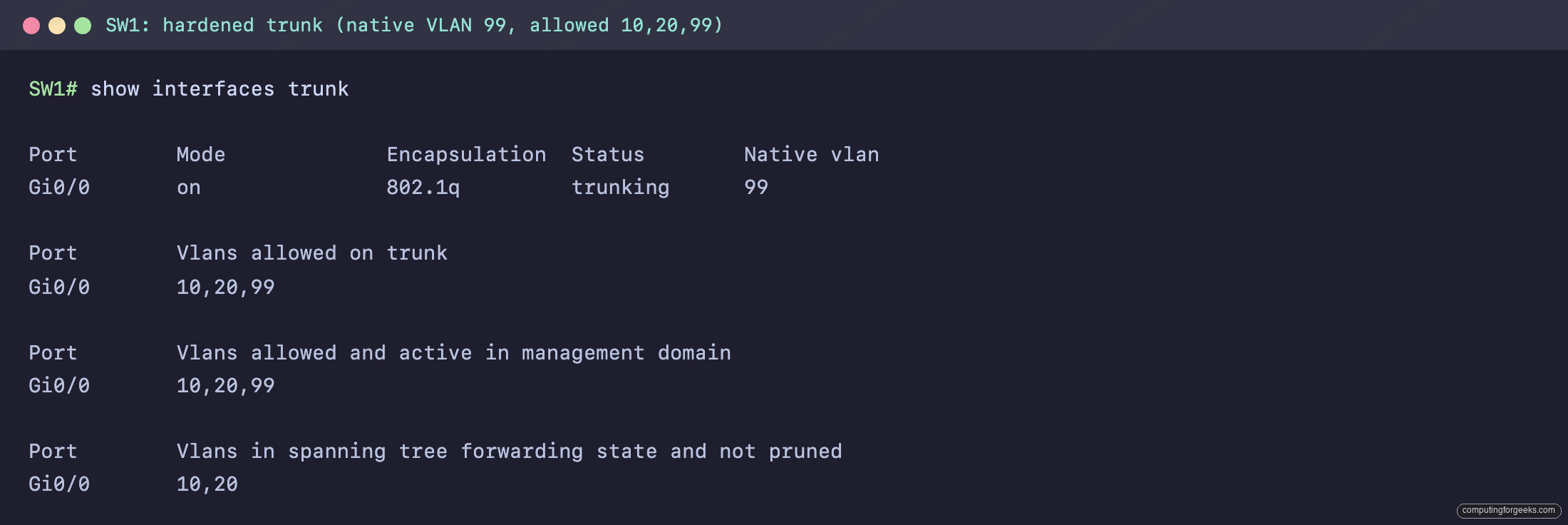 show interfaces trunk on SW1 showing native VLAN 99 and the allowed VLAN list pruned to 10,20,99