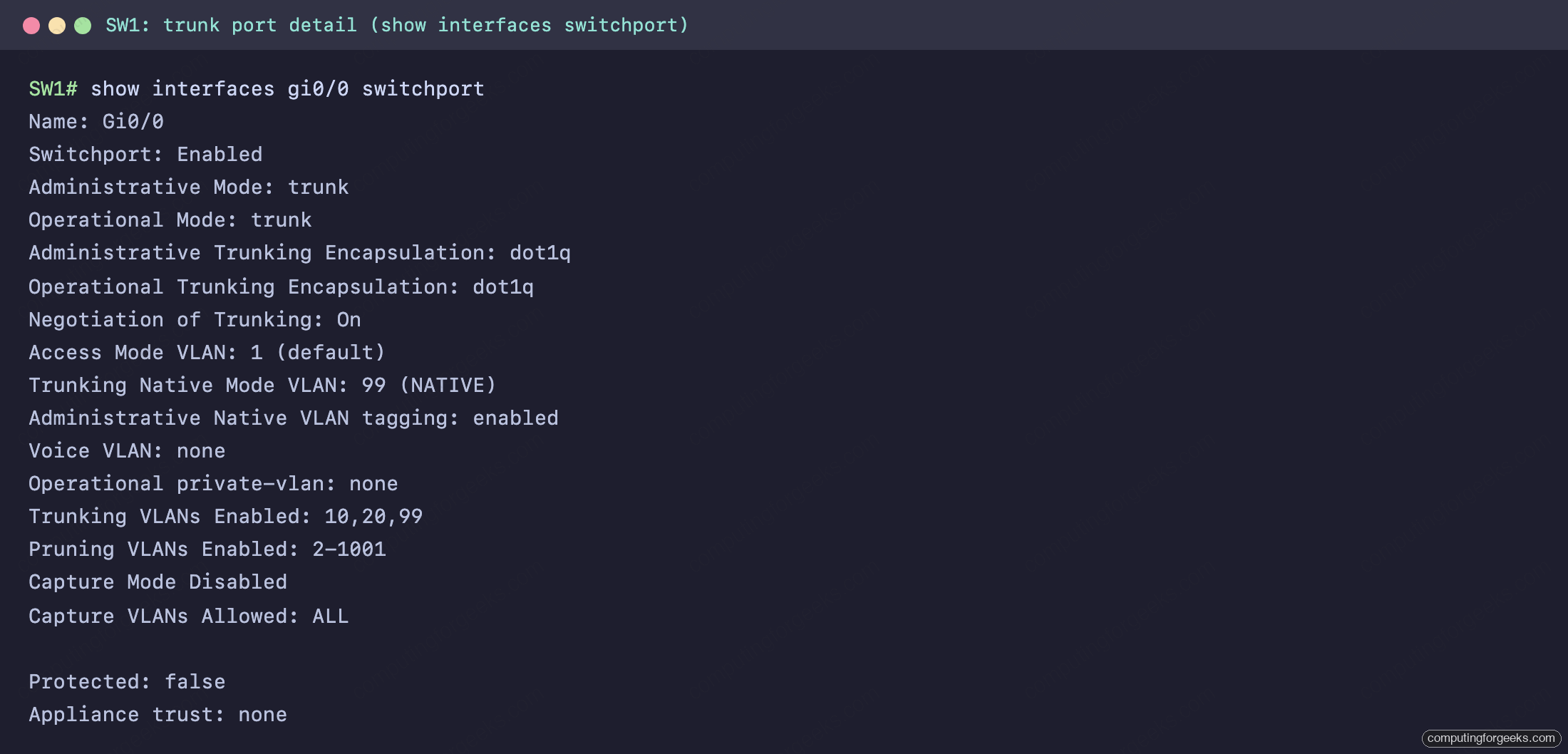 show interfaces switchport on SW1 Gi0/0 showing Administrative and Operational Mode trunk, dot1q encapsulation, native VLAN 99