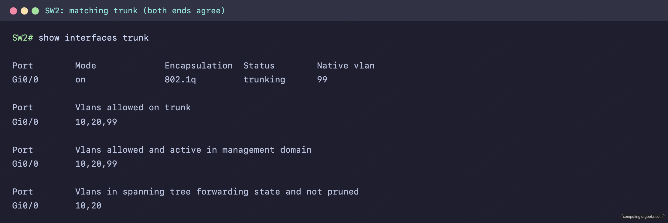 show interfaces trunk on SW2 matching SW1 with native VLAN 99 and allowed VLANs 10,20,99, proving both trunk ends agree