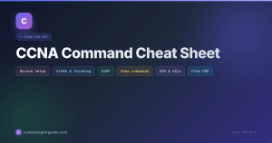 CCNA command cheat sheet covering device setup, interfaces, VLANs, routing, OSPF, verification, troubleshooting, and security on Cisco IOS