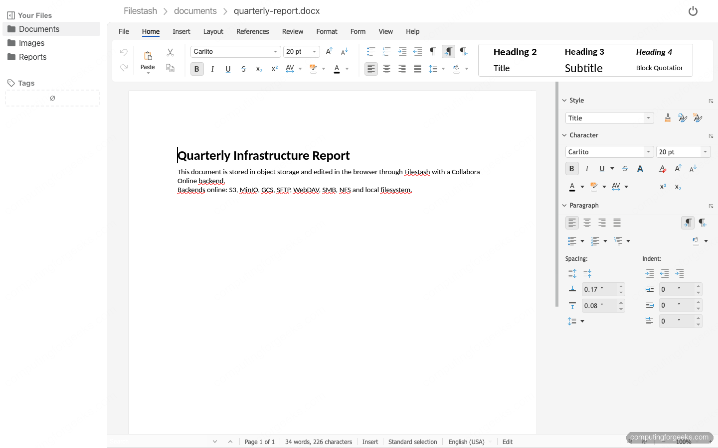 Editing a Word document in the browser inside Filestash with Collabora Online