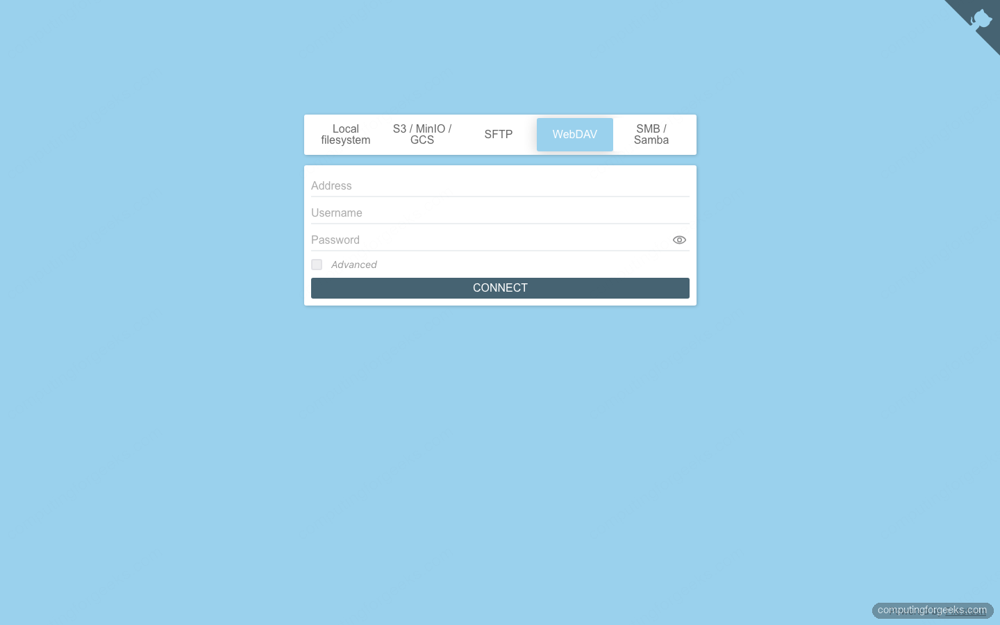 Filestash login page with a tab per storage backend and a connection form