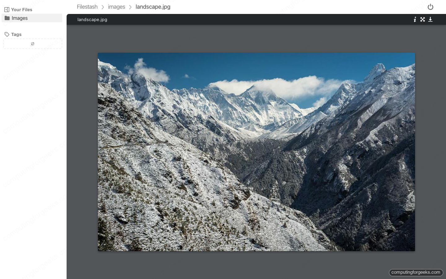 Filestash previewing an image file inline over the file grid