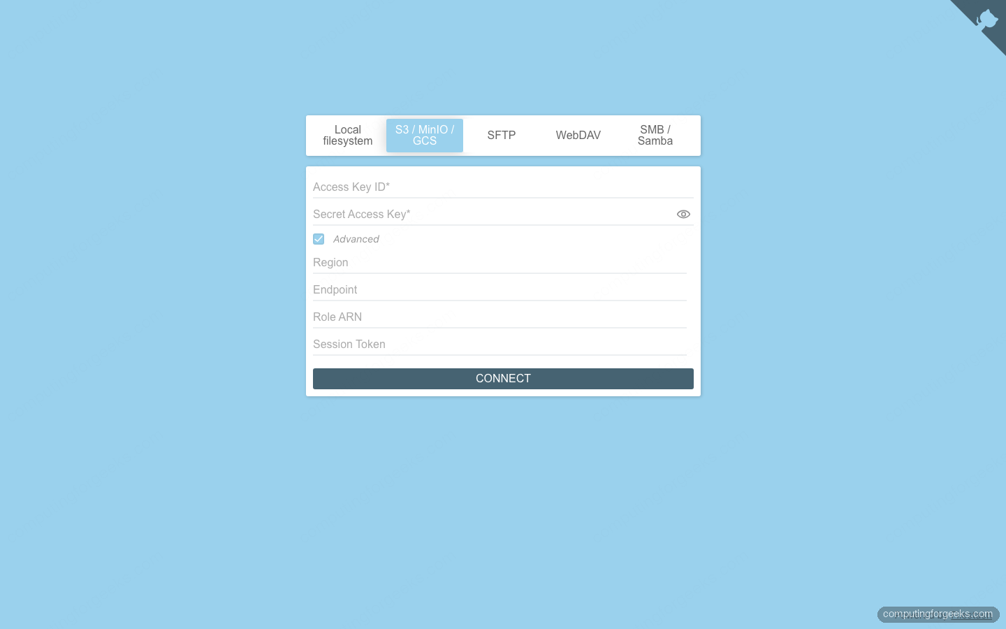 Filestash S3 backend connection form with endpoint and region fields
