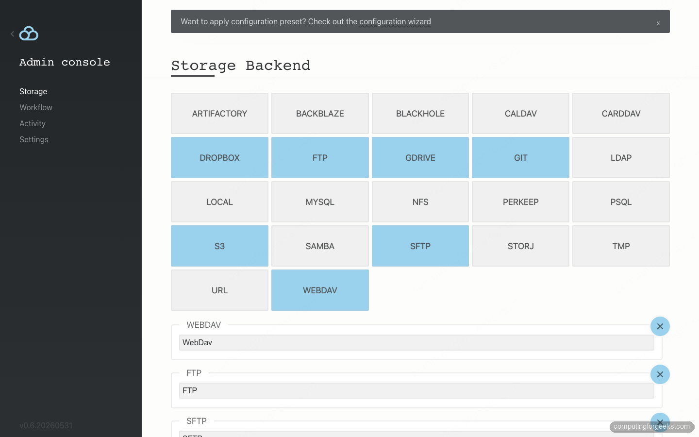 Filestash admin console storage backend grid showing every supported protocol