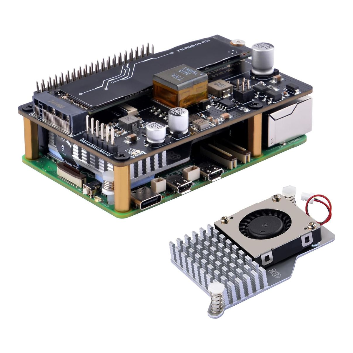 Best Raspberry Pi 5 Kits and SBC Alternatives 7 GeeekPi P33 M.2 NVMe and PoE+ HAT with official active cooler for Raspberry Pi 5