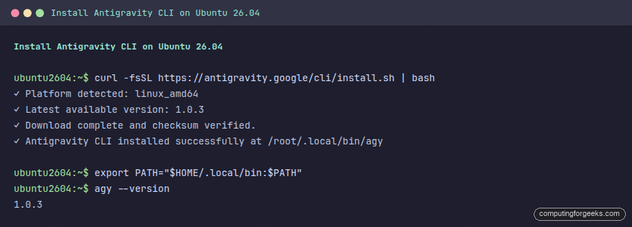 Installing Antigravity CLI on Ubuntu 26.04 and checking the agy version